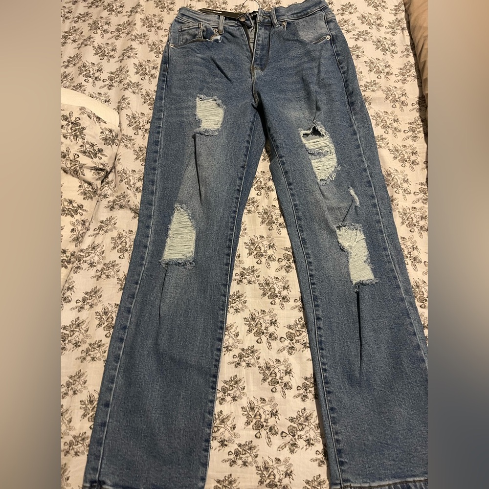 Fashion Nova Blue Distressed Straight Leg Jeans size 9